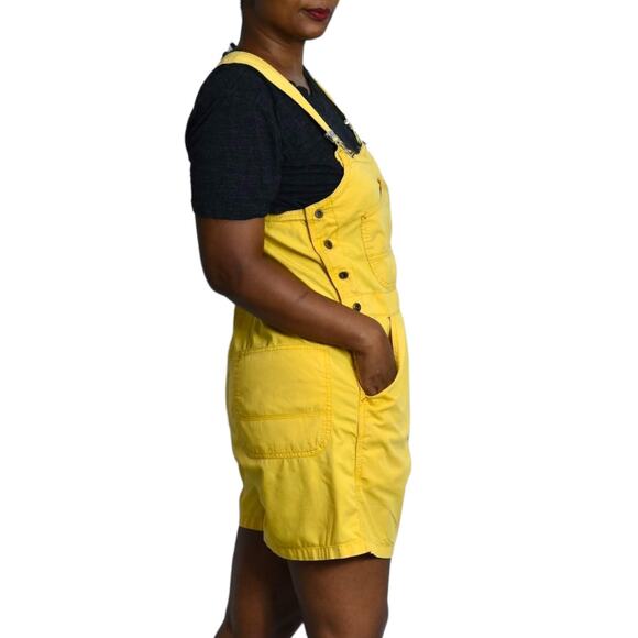Vintage Bib Overalls Shorts Yellow Cotton Denim Shortalls 90s Y2k Size Medium - Picture 3 of 16
